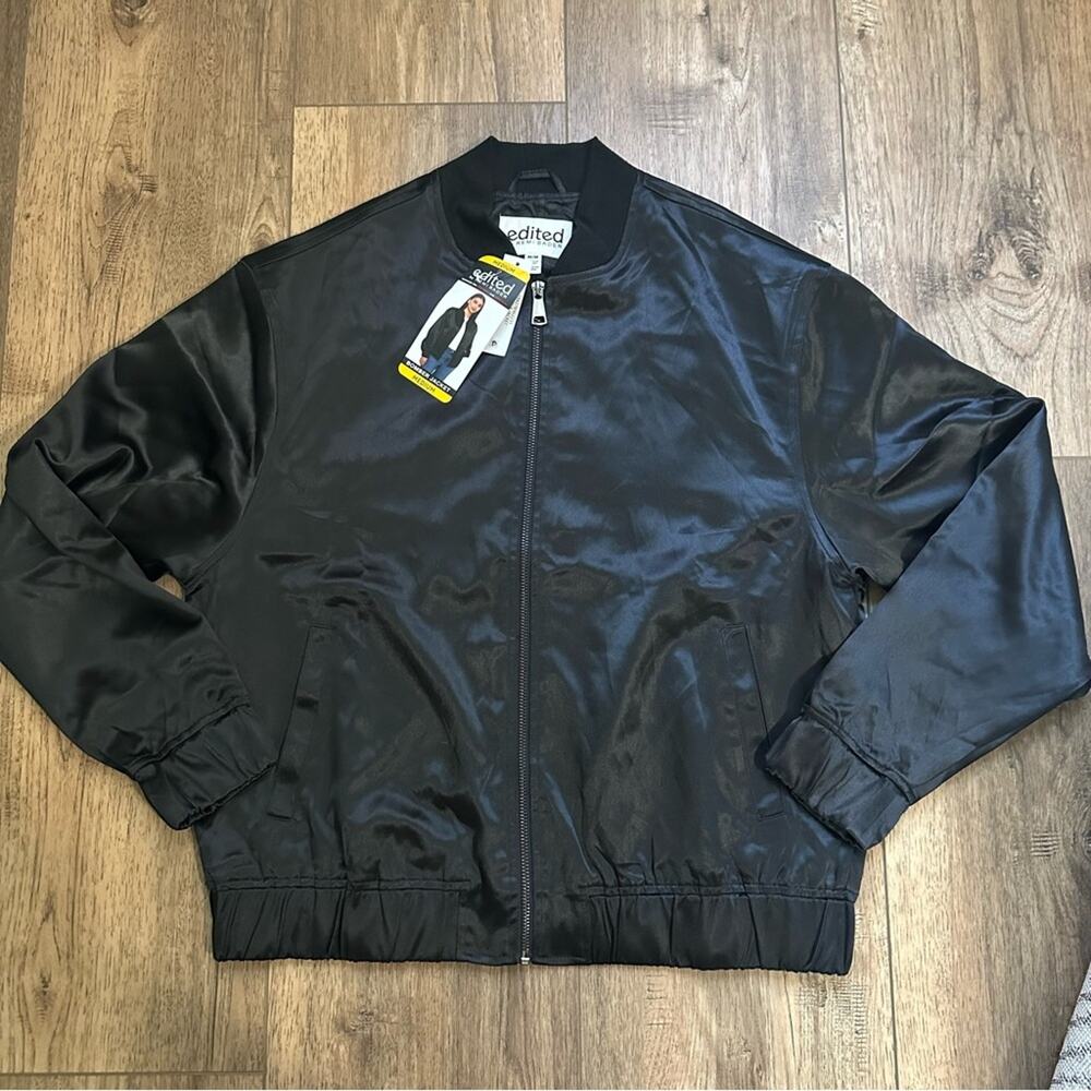 NWT!!‎ Remi Bader Shiny Black Bomber Jacket, Edited, Pockets, Full Zip, Medium